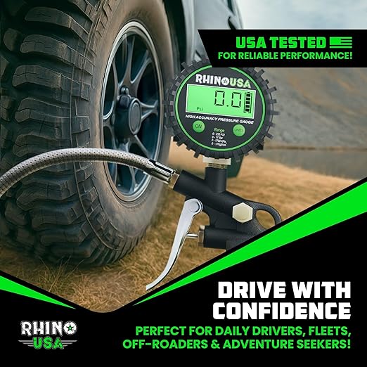 Rhino USA Digital Tire Pressure Gauge with Inflator (250 PSI) Professional Air Chuck & Air Compressor Attachments - High Pressure Tire Gauge with 0.1 Display Resolution - Best Car Accessories (1-Pack)