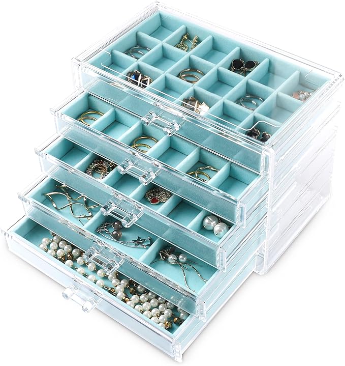 Frebeauty Acrylic Jewelry Organizer Earring Organizer Box with 5 Drawers Earring Holder Organizer with Velvet Trays Clear Jew