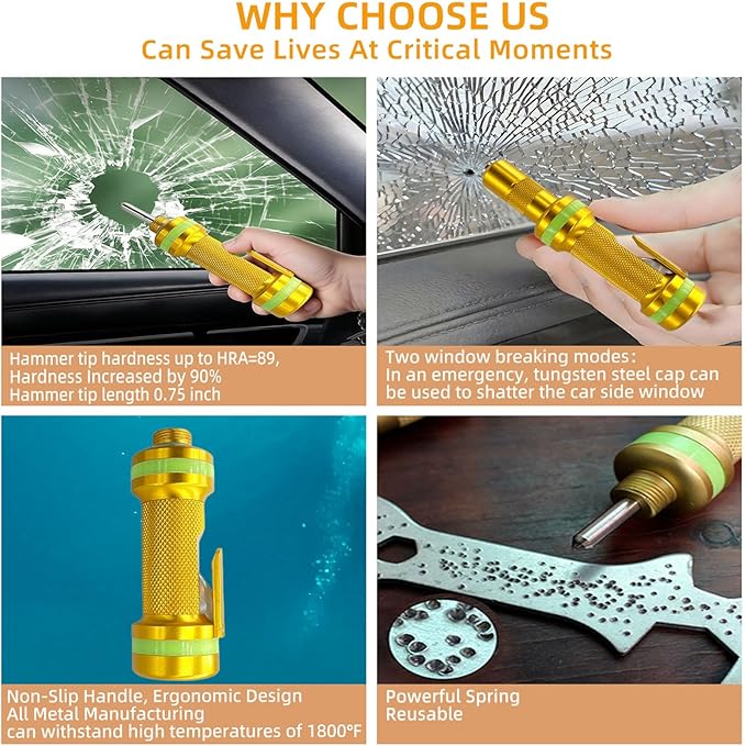 2-in-1 Window Breaker Seatbelt Cutter, Car Window Breaker Tool, Metal Glass Breaker - Extended Tungsten Steel Hammer Tip, Can