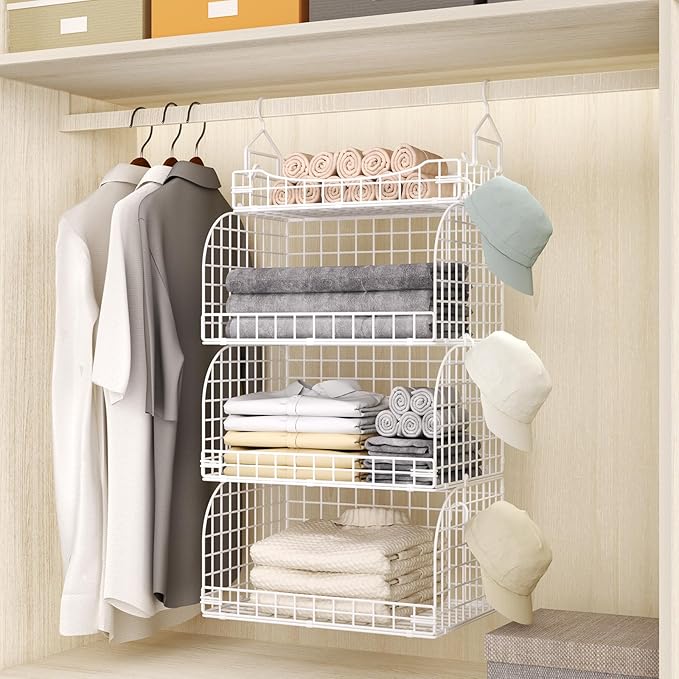 HapiRm Hanging Closet Organizer Storage - 3 Tier Metal Stackable Hanging Closet Shelves with Dividers and S Hooks, Foldable C