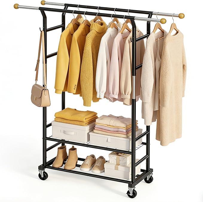 Clothes Rack with 3-Level Height Adjustment - Double Rod Extendable Hanging Rails with Wooden Finials, Luxury 2-Tier Metal St
