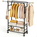 Clothes Rack with 3-Level Height Adjustment - Double Rod Extendable Hanging Rails with Wooden Finials, Luxury 2-Tier Metal St