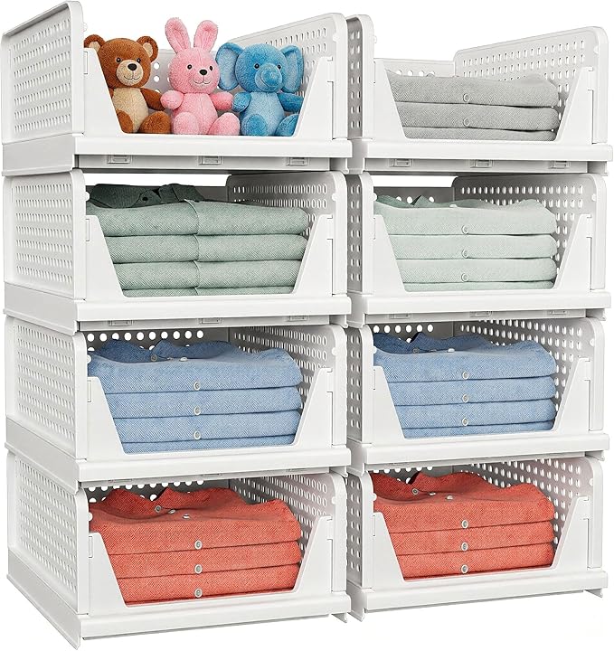 4 Pack Stackable Closet Storage Basket - Stackable Storage Bins, Multifunctional & Foldable Closet Organizer Divided, Wardrob