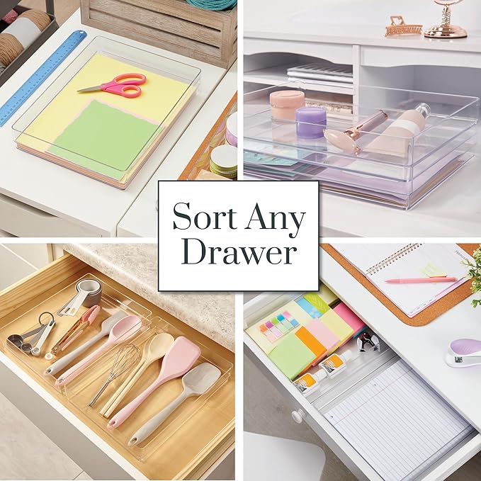 STORi SimpleSort 2-Piece Stackable Clear Drawer Organizer Set | 15" x 6" x 2" Rectangle Trays | Wide Makeup Vanity Storage Bi