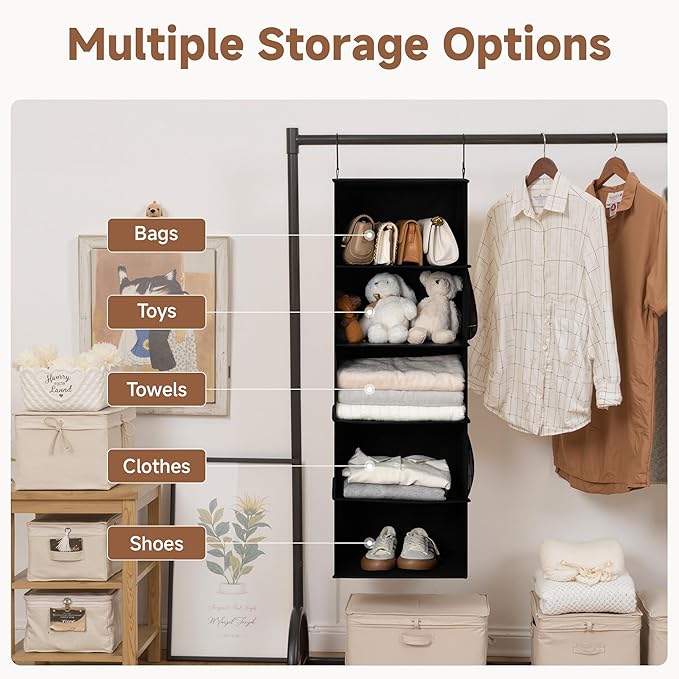 StorageWorks 5-Shelf Hanging Closet Organizers, Foldable Closet Storage Organizer with 2 Side Pockets, Portable Hanging Shelv