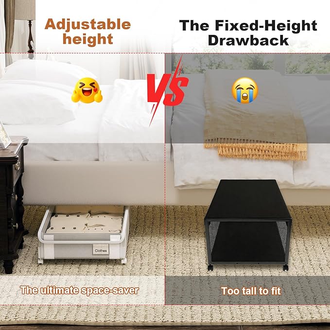 2Pack Under Bed Storage with Wheels,5.2"-6.5" Adjustable Height Underbed Storage,Low Profile Under Bed shoe Storage,Rolling U
