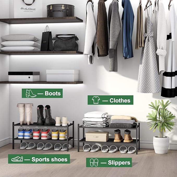 kiplant 2-Tier Black Bamboo Shoe Rack, Stackable Bamboo Wood Shoe Rack for Closet, Entryway & Hallway