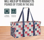 Extra Large Utility Tote Bag - Oversized Collapsible Reusable Wire Frame Rectangular Canvas Basket With Two Exterior Pockets For Beach, Pool, Laundry, Car Trunk, Storage - Patriotic Americana