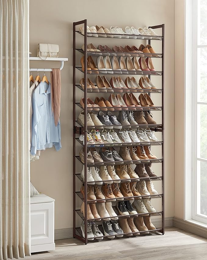 SONGMICS Shoe Rack, 12-Tier Shoe Organizer, Metal Rack for Garage, Set of 2, 6-Tier Stackable Shelf, with Adjustable Flat or 