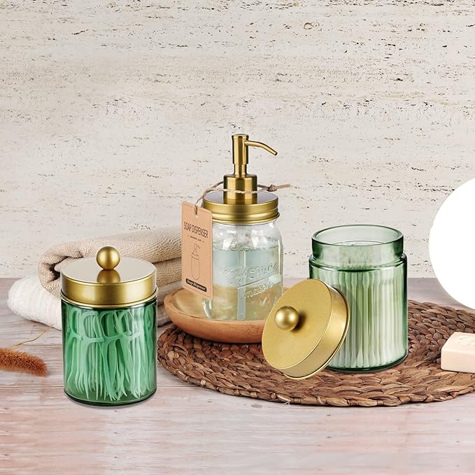 Amolliar Sage Green Apothecary Glass Jar With Metal Lid & Stickers, Bathroom Qtip Holder Storage Canister, Farmhouse Decor fo