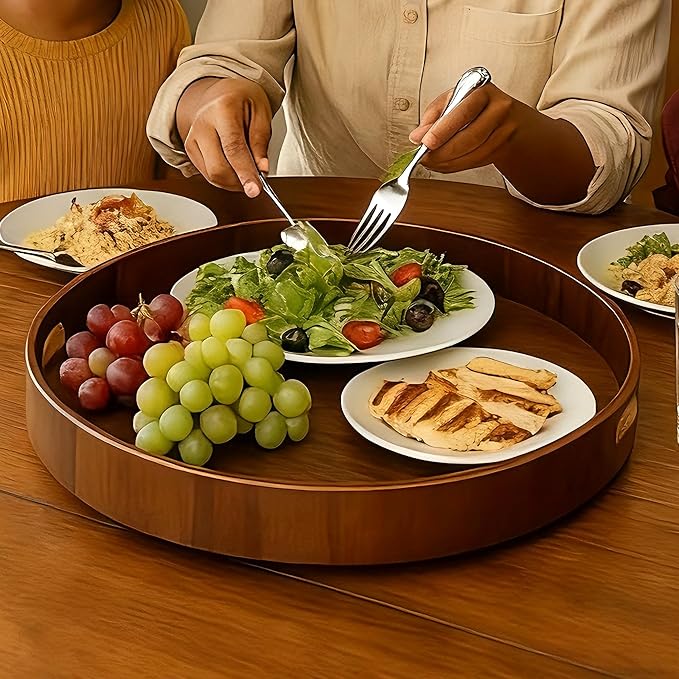 i-lan 16-inch Wooden Lazy Susan Turntable - Large Decorative Rotating Tray Made of Walnut Wood with Dual Handles & Silent Bea