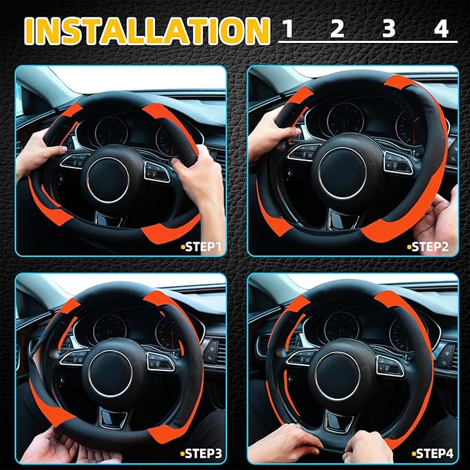 Xizopucy Orange Steering Wheel Cover Microfiber Leather Sporty Car Accessories for Men and Women,Breathable Non-Slip Universa