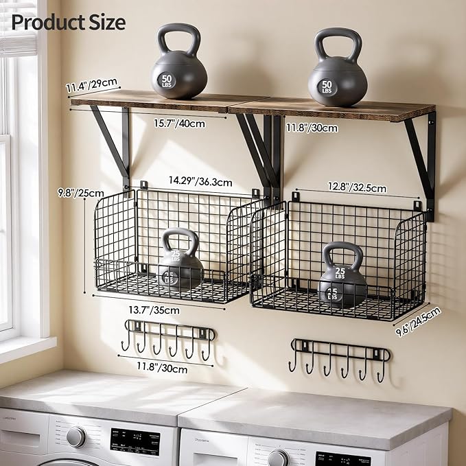 Housolution Garage Shelving Wall Mounted, Heavy-Duty Garage Wall Shelving with Baskets & Hooks Supports up to 154 LBS in Tota