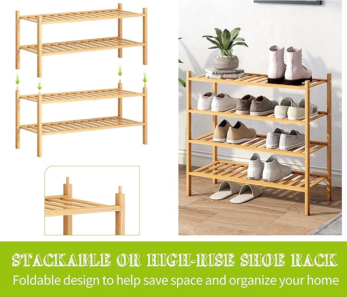 BMOSU 2-Tier Bamboo Shoe Rack Premium Stackable Shoe Shelf Storage Organizer for Hallway Closet Living Room Entryway Organize