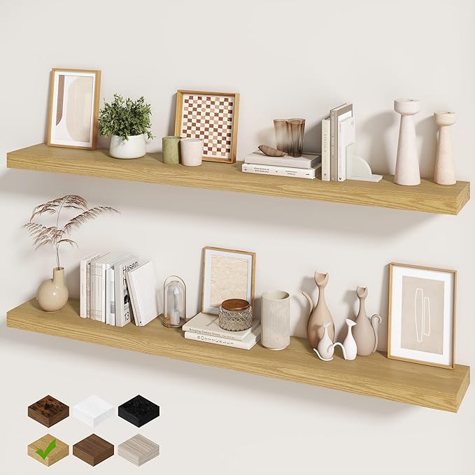 Fun Memories 60 Inch Fireplace Mantel - Long Floating Shelf, Wall Mounted Farmhouse Display with Invisible Heavy Duty Metal B