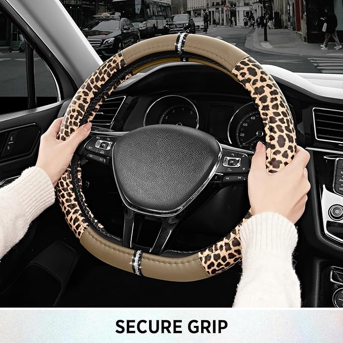 Road Comforts Leopard Steering Wheel Cover for Women, Cute Anti-Slip Microfiber Leather, Fits D Shape Flat Bottom Steering Wh