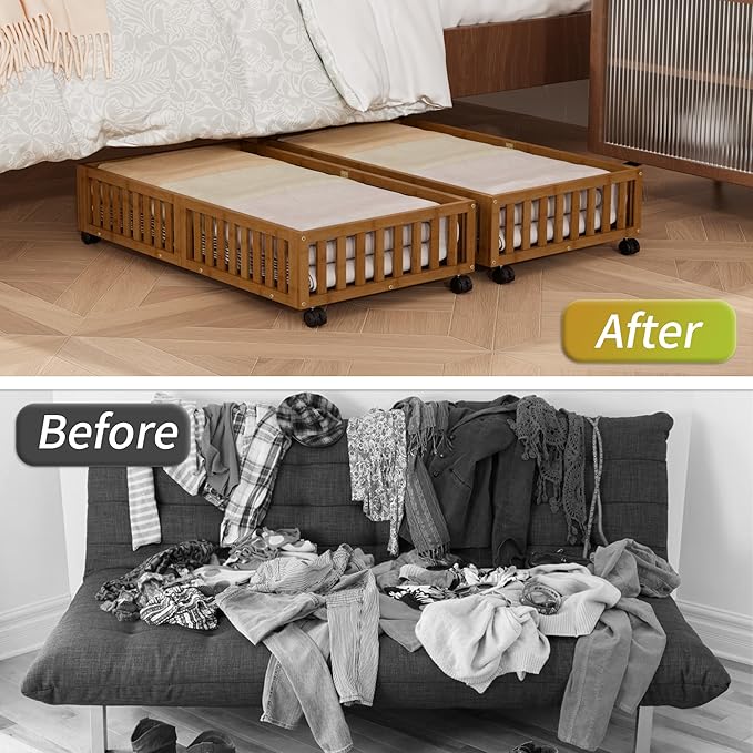 Bamboo Under Bed Storage with Wheels,Rolling Underbed Shoe Organizer Box for Shoes,Blankets,Toys,Clothes Container Space-Savi