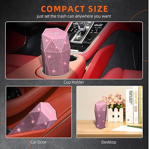 NBTEPEM Bling Car Trash Can with Lid, Bling Car Accessories Trash Bin, Leakproof Auto Garbage Can with 30 Trash Bags, Multipurpose Organizers and Storage for Home, Office (Pink Diamond)