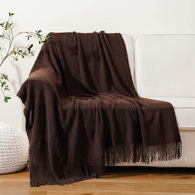 BATTILO HOME Brown Throw Blanket for Couch, Chocolate Knit Decorative Boho Throw for Home, Bed, 50"x60"