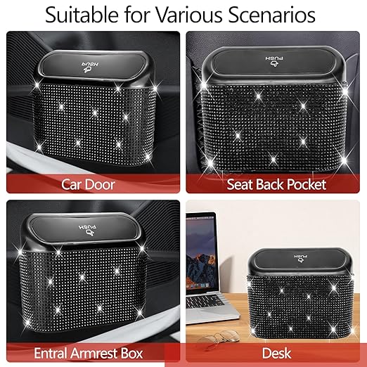 NBTEPEM Bling Car Trash Can with Lid - 2 Pack, Mini Auto Garbage Can with 60 Trash Bags, Automotive Garbage Container Bin, Bling Car Accessories Trash Can for Women (Black Diamond)