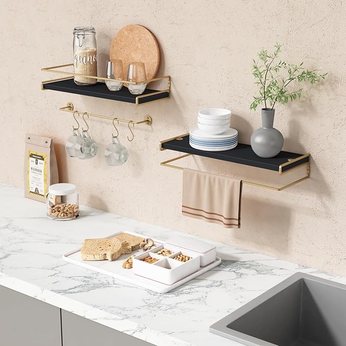 Forbena Black and Gold Bathroom Floating Shelves for Wall, Decorative Wall Mounted Shelves for Kitchen Coffee Bar Station Org