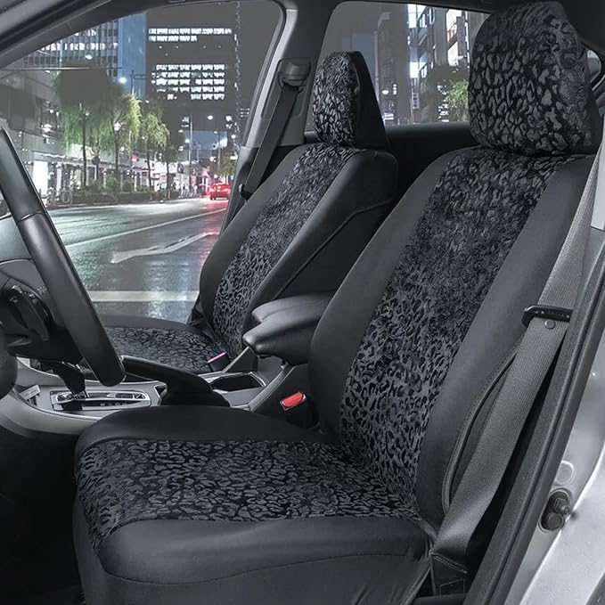 BDK Black Leopard Car Seat Covers for Front Seats, Animal Print Front Seat Cover Set with Matching Headrest, Sideless Design 