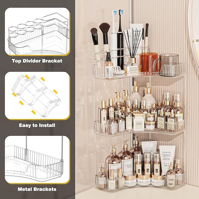 Asayuee 3-Tier Corner Bathroom Counter Organizer with Top Toothbrush Holders,Large Makeup Organizer Countertop with Brush Hol