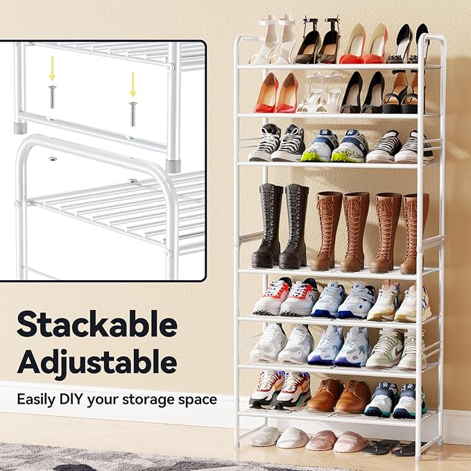 Shoe Rack Metal, Closet Shoe Organizer 4 Tier, Stackable & Adjustable, White