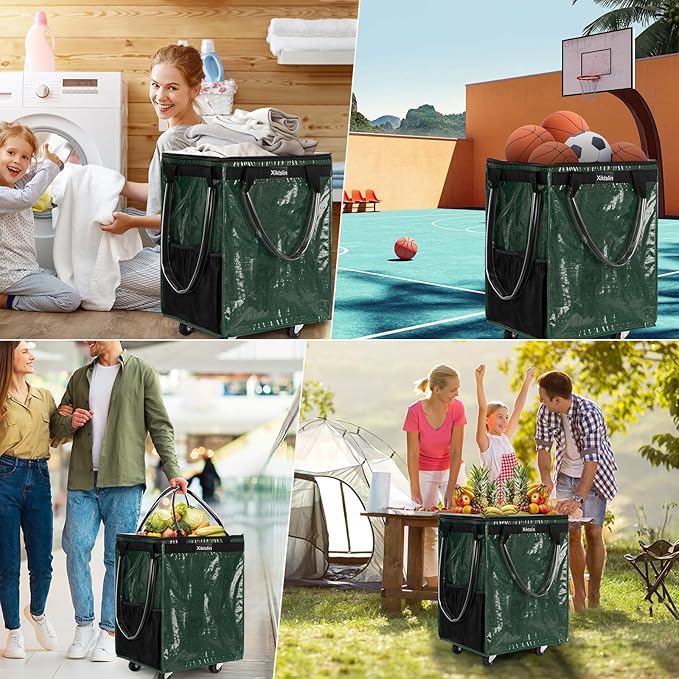 (Medium, Green) Reusable Grocery Bag on 4 Wheels, Foldable Rolling Tote Carries Up to 66lb Shopping Trolley, Rolling Bag with 3 Handles, Zipper Clouser Rolling Tote Bag with Wheels for Laundry