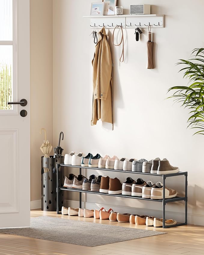 SONGMICS Shoe Rack, 2-Tier Shoe Organizer, Metal Storage Shelf, Upright or Upside Down, for 15-18 Pairs, Stackable, for Entry