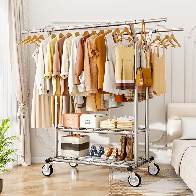 HYSEYY Heavy Duty Clothes Rack, Rolling Clothing Rack With Shelves Load 620 LBS, Double Rod Clothing Racks for Hanging Clothe