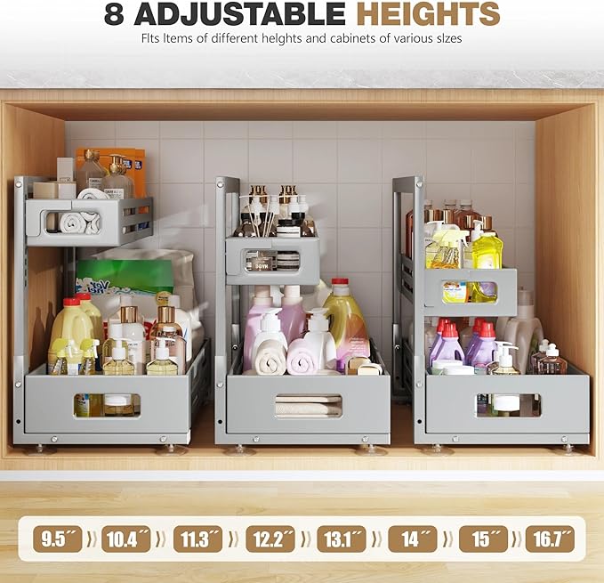 2 Pack 19IN-Depth Under Sink Organizer,Pull Out Cabinet Organizer With Smooth Cylindrical Rail,Metal Slide Out Drawer for Kit
