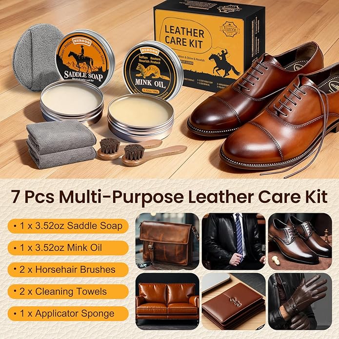 7 Pcs Leather Cleaner Boots Shoes Care Kit-3.52oz Saddle Soap for Leather Items Cleaning, 3.52oz Mink Oil for Shoes Polishing