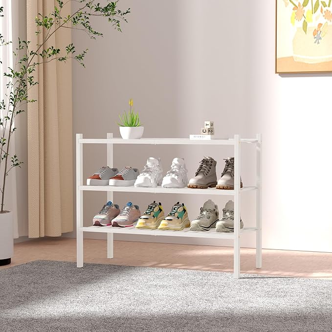 ROMGUAR CRAFT 3 Tier Bamboo Shoe Rack for Closet Free Standing Wood Shoe Shelf Storage Organizer for Entryway Small Space Sta