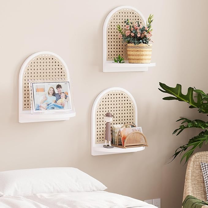 Rattan Wall Shelf Set of 3, 7''White Rattan Shelves with Wicker Decor, Boho Decor Small Floating Shelves for Wall, Arched She