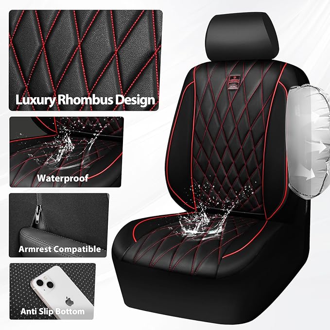 CAR PASS Piping Luxury PU Leather Two Front Car Seat Covers, Waterproof Anti Slip Seat Covers Compatible with Front Seat Armr