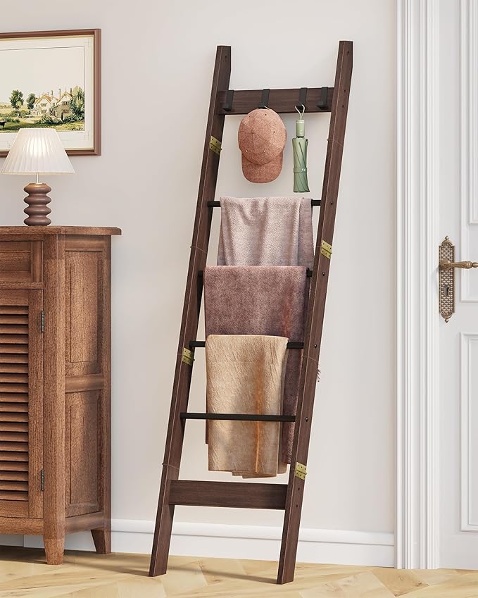 Hzuaneri Blanket Ladder for Living Room, Decorative Quilt Rack with 4 Removable Hooks, 6-Tier Farmhouse Ladder Holder Shelf O