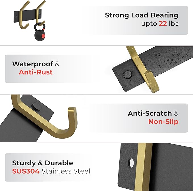 Small Coat Rack Wall Mount – Black and Gold Hook Rail with 2 Double Coat Hooks, 6 Inch Stainless Steel Wall Hooks for Entrywa