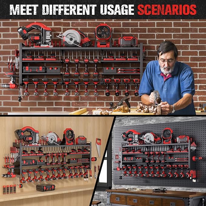 49.8" W Super Large Power Tool Organizer Wall Mount,4-Layer Heavy Duty Tool Storage with 18 Cordless Drill Holder,600 lb Capa