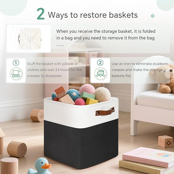FinishingBo Cube Storage Baskets 6 Pack, 11x11 inch Cube Storage Bins with Leather Handles for Shelf Closet (White/ Black)