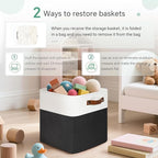 FinishingBo Cube Storage Baskets 6 Pack, 11x11 inch Cube Storage Bins with Leather Handles for Shelf Closet (White/ Black)