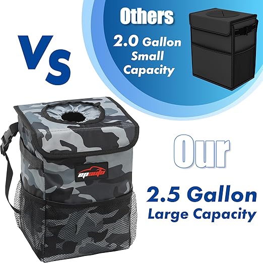 EPAuto Waterproof Car Trash Can with Lid and Storage Pockets, Camouflage Grey