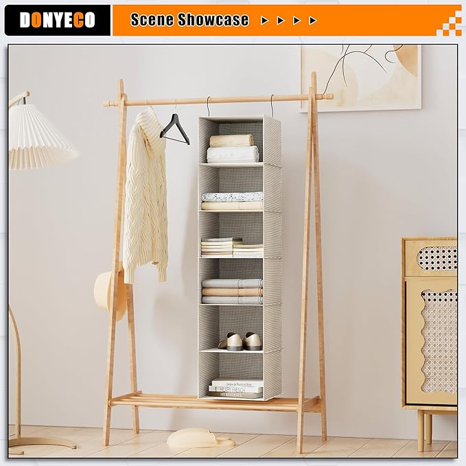 Hanging Closet Organizer, Easy Mount Foldable 6-Shelf Hanging Closet Wardrobe Storage Shelves, Clothes Handbag Shoes Accessor