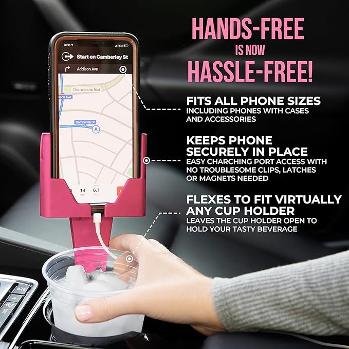 Cup Holder Phone Holder Mount for Car - Universal Adjustable Expander Cradle Hands-Free Driving - Compatible with All Smartphones Car Mount for iPhone Samsung Google Android Mobile Accessories Pink
