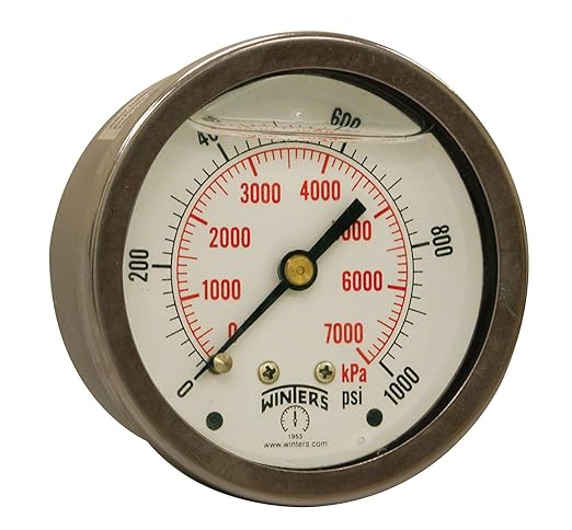 Winters 2-1/2" Dial Size, Liquid Filled Industrial Pressure Gauge, Brass Internals, Stainless Steel Case, Dual Scale 0-1,000 psi/kPa, 1.5% Acc, 1/4" NPT Back Mount, Glycerin Filled Pressure Gauge