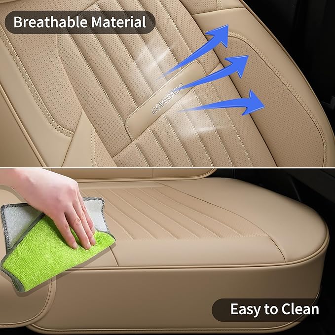 Coverado Beige Nappa Leather Car Seat Covers, Universal Fit Front Seats, 2-Pack Waterproof Seat Covers, Perforated Faux Leath