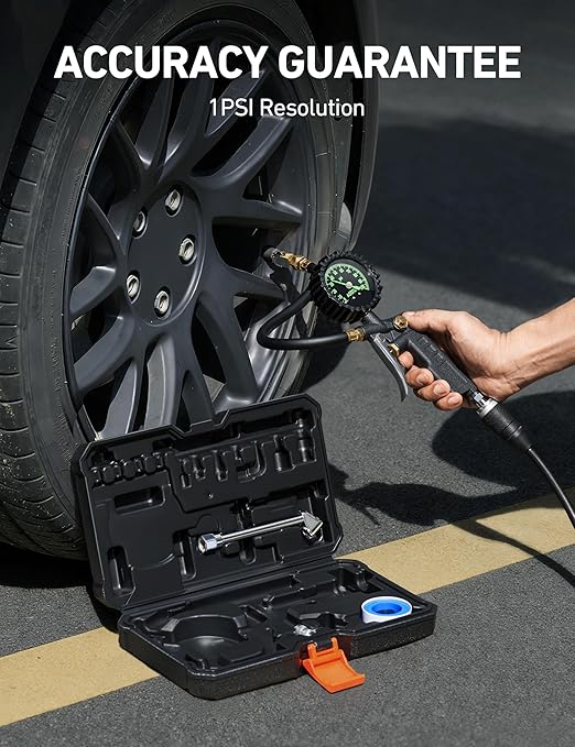 AstroAI Tire Pressure Gauge with Inflator, 100 PSI-ANSI B40.1 Accurate, Large 2.5" Easy Read Glow Dial, Heavy Duty Air Chuck and Compressor Accessories for Truck, with Case