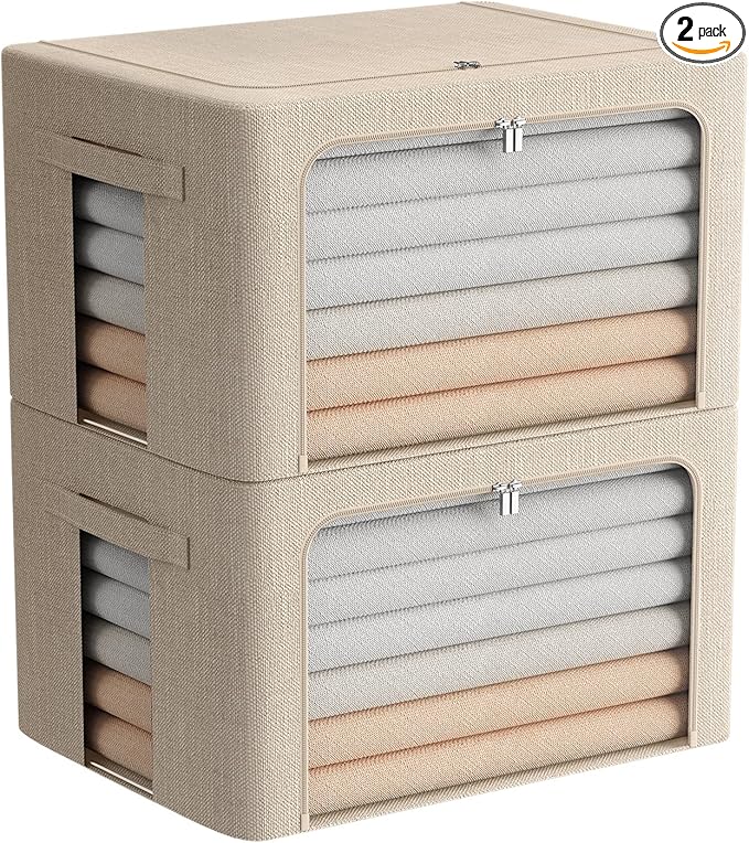 FHSQX 2 Pack Clear Window Storage Bins Foldable Fabric Storage Bins Boxes for Clothes Stackable Box Organizer Set with Carryi