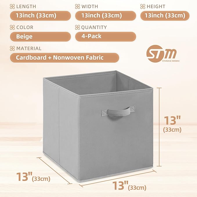 STORAGE MANIAC Storage Cubes, 13 Inch Collapsible Storage Bins with Handles, 4 Pack Fabric Foldable Bins for Organization, Du