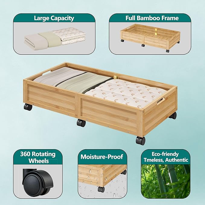 Wood Under Bed Storage Containers Underbed Organizer with Wheels Sturdy Wood Rolling Under Bed Shoe Storage Organizer 2 Packs